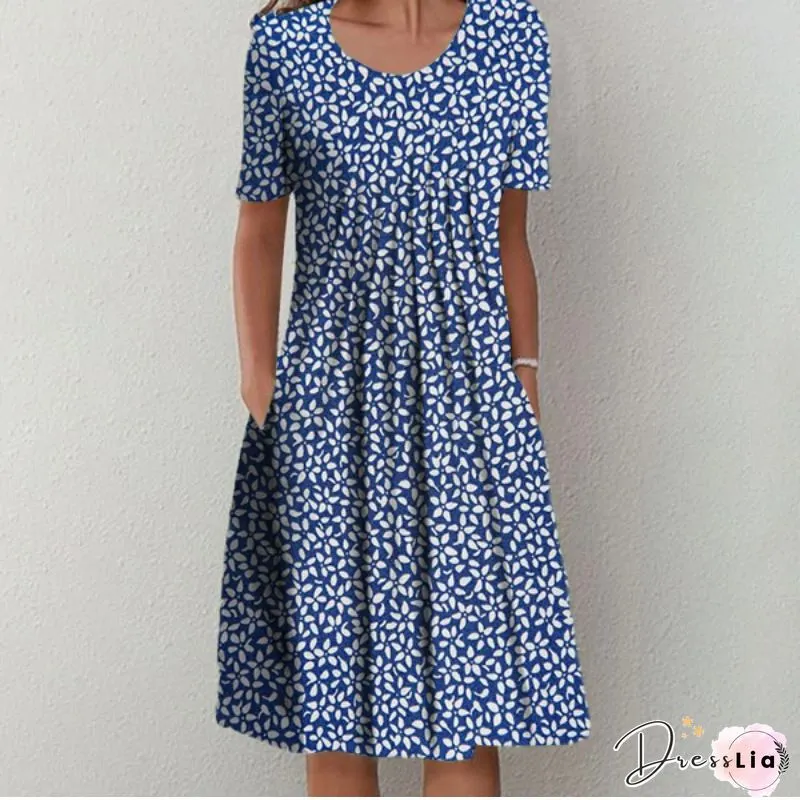 Womens Casual Floral Summer Micro-Elasticity Jersey Midi Short sleeve A-Line Regular Dress