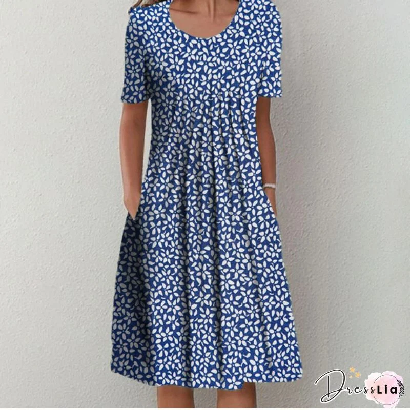 Women Casual Floral Summer Micro-Elasticity Jersey Midi Short sleeve A-Line Regular Dresses