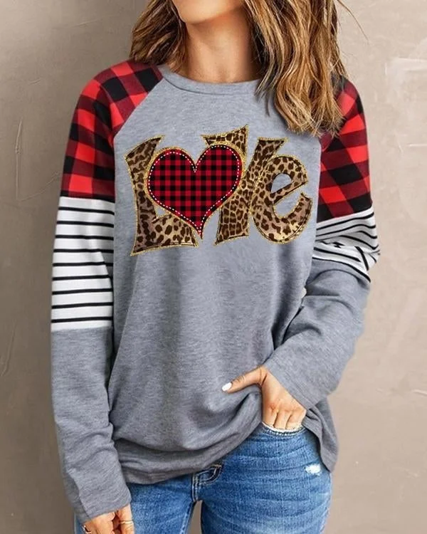 Love Checked & Striped Panel Long Sleeve Top
