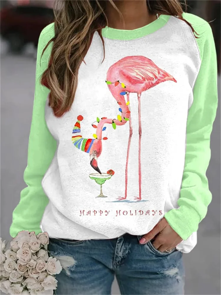 Merry Christmas Flamingo Contrast Print Sweatshirt