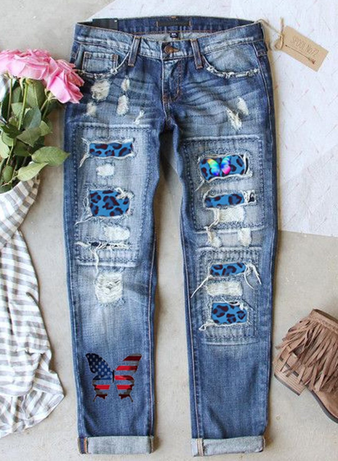 Women's Jeans Leopard Patchwork Flag Butterfly Straight Jeans
