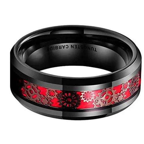 6MM 8MM Women's or Men's Tungsten Carbide Watches Gear Rings Black With Dark Color Watch Gear Resin Inlay Design