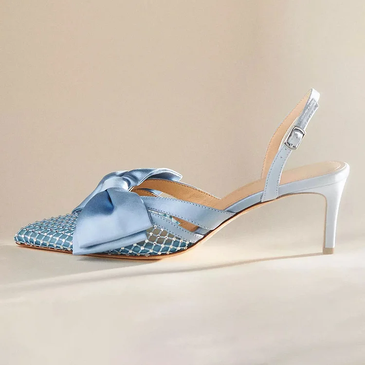 Light Blue Rhinestone Embellished Mesh Buckled Slingback Bow Heels |FSJ Shoes