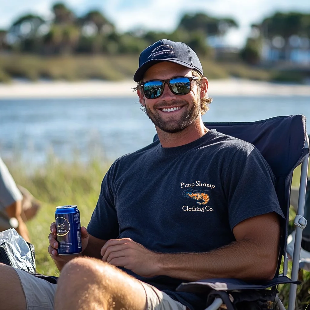 Unisex Shrimp Graphic Surf Print Oversized Navy Blue Cotton Short Sleeve T-Shirt