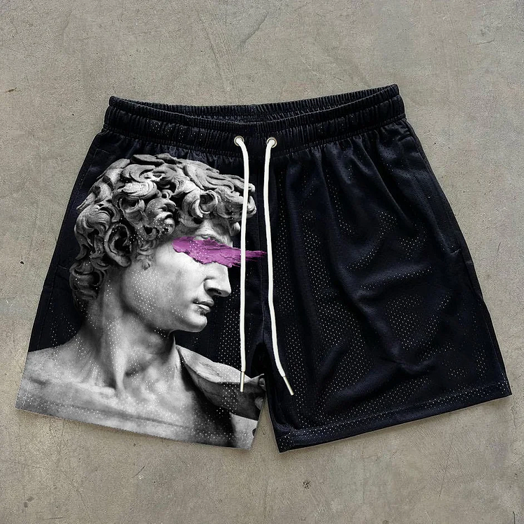 Broswear Stylish Retro Sculpture Print Mesh Street Shorts