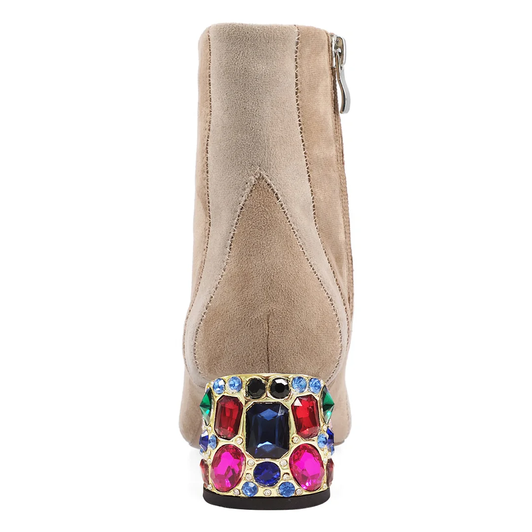 Faux Suede Two Tone Rhinestone Embellished Beige Ankle Boots