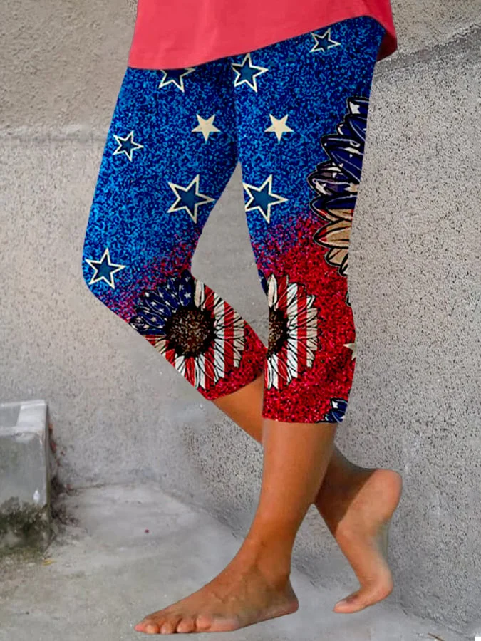 Women's American Flag Sunflower 4th Of July Print Casual Leggings socialshop
