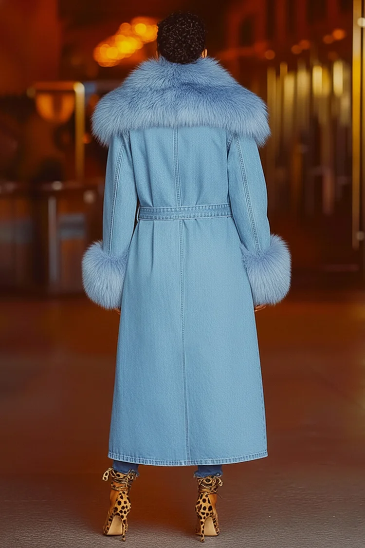 Faux Fur Patchwork Denim Long Sleeve Overcoat-Blue [Pre Order]