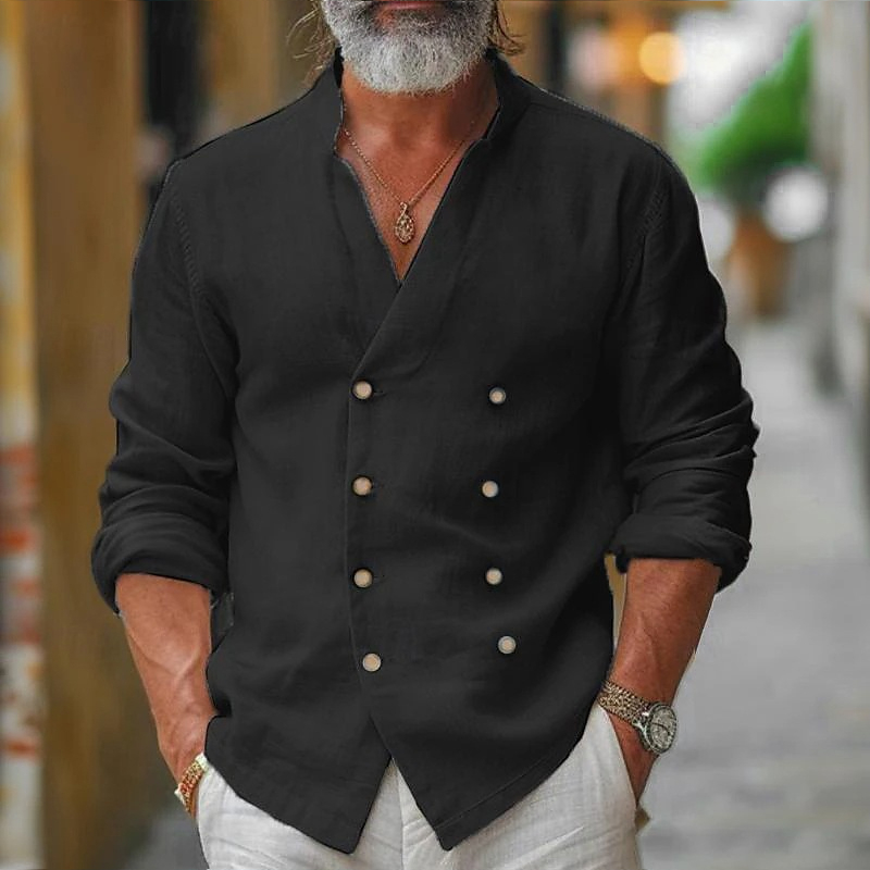 Men's Double-Breasted Casual Stand-Up Collar Cotton And Linen Long-Sleeved Jacket