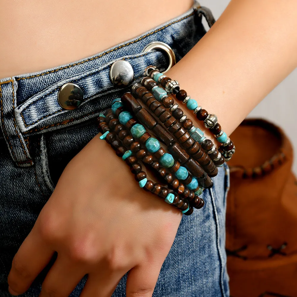 Men's Vintage Turquoise Stone Multi-layered Wood Bead Bracelet-INSPIREUSE