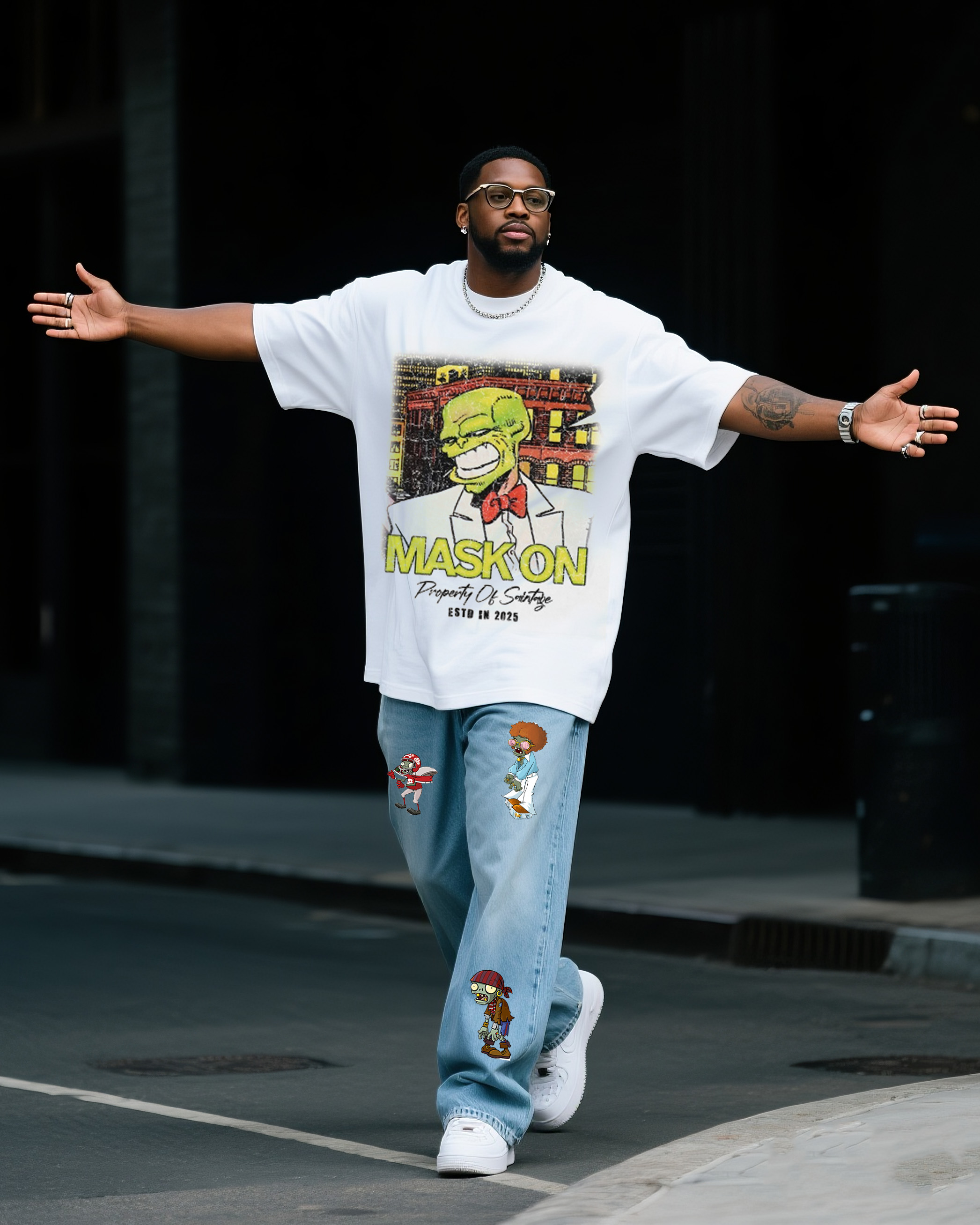 Plus Size Men's Mr Zombie Printed T-Shirt Denim Pants Suit