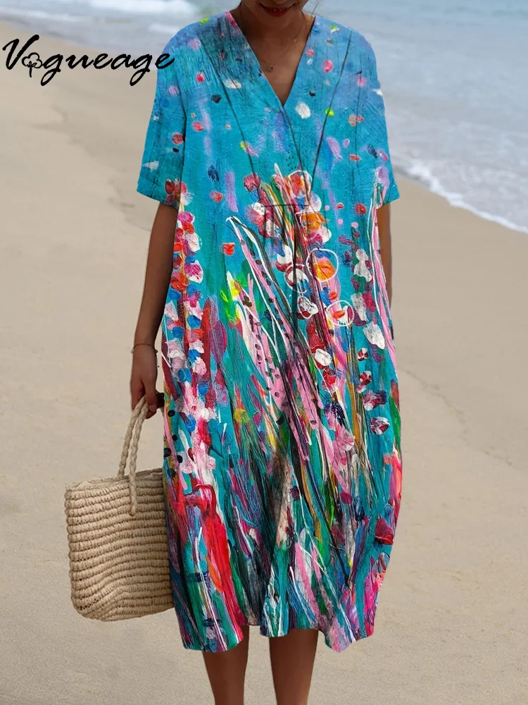 Casual Oil Painting Colorful Plant Spots Printed Women's Casual Cotton And Linen Dress