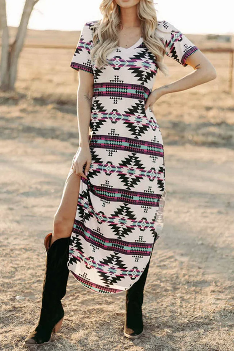Western Printed Short Sleeve Slit Dress