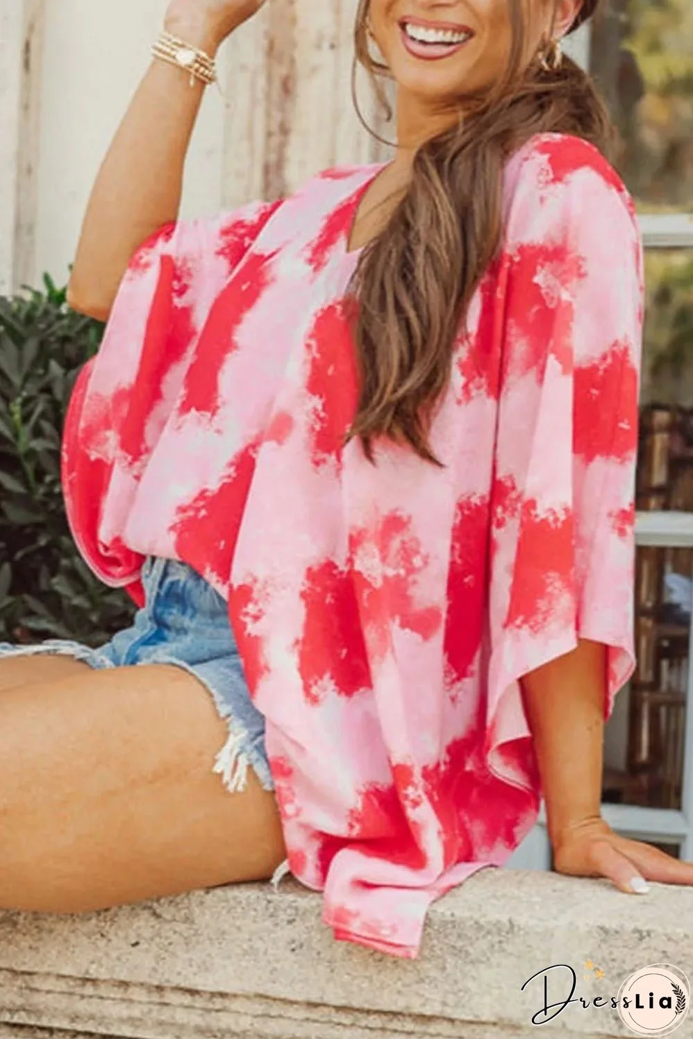 Red Plus Size Tie-dye Print 3/4 Sleeve Tunic Top