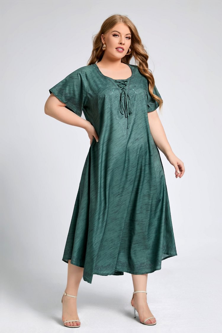 Flycurvy Plus Size Casual Green Lace Up Embroidery Asymmetrical Hem Maxi Dress  flycurvy [product_label]