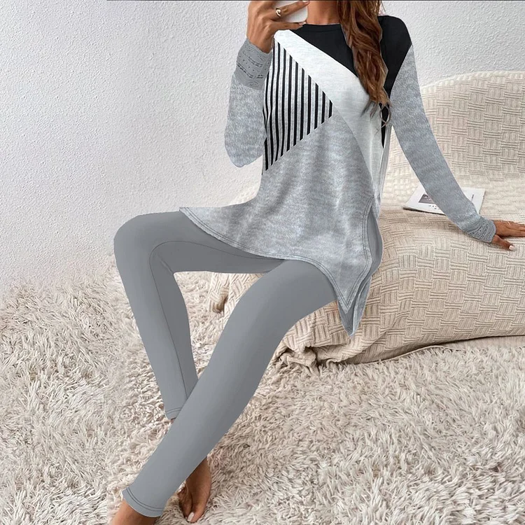 Grey Print Long Sleeve Two Piece Set