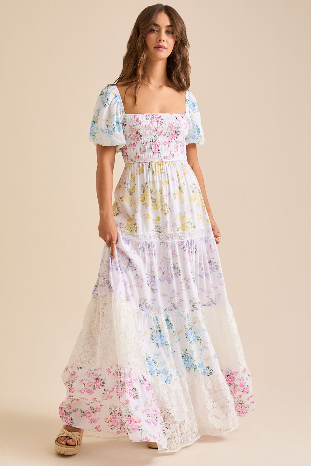 Ditsy Floral Print Puff Sleeve Lace Patchwork Maxi Dresses-White [Pre Order]