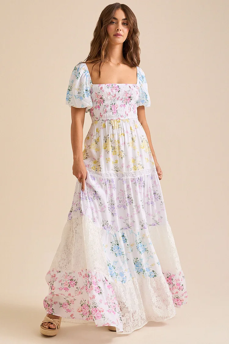 Ditsy Floral Print Puff Sleeve Lace Patchwork Maxi Dresses-White [Pre Order]