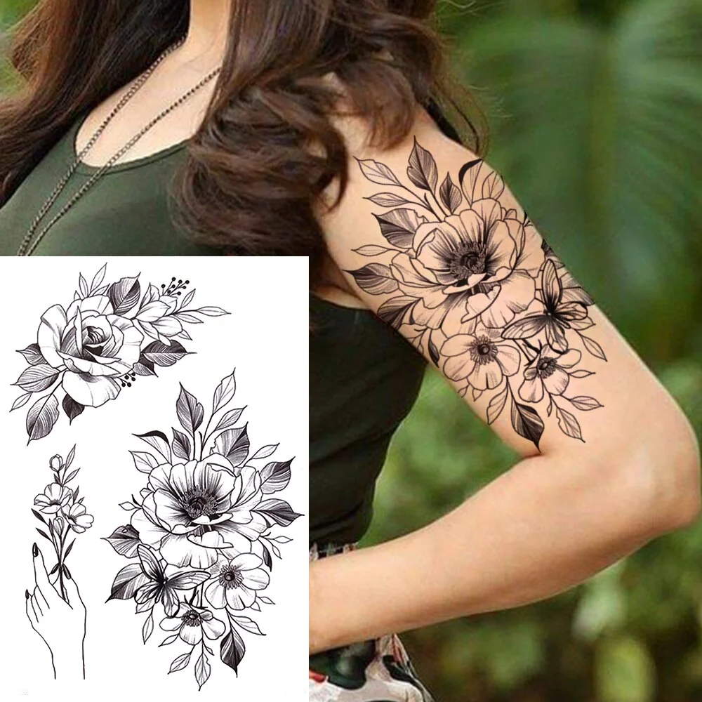 Sdrawing Lily Flower Temporary Tattoos For Women Adults Fake Lotus Orchid Dahlia Peony Tattoo Sticker Black Waterproof 3D Tatoos Arm