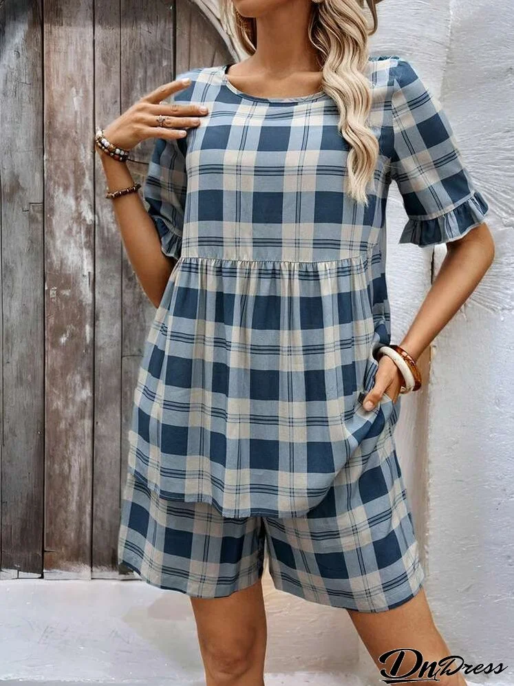Summer Rural Women's Doll Collar Checkered Top 2pcs Set