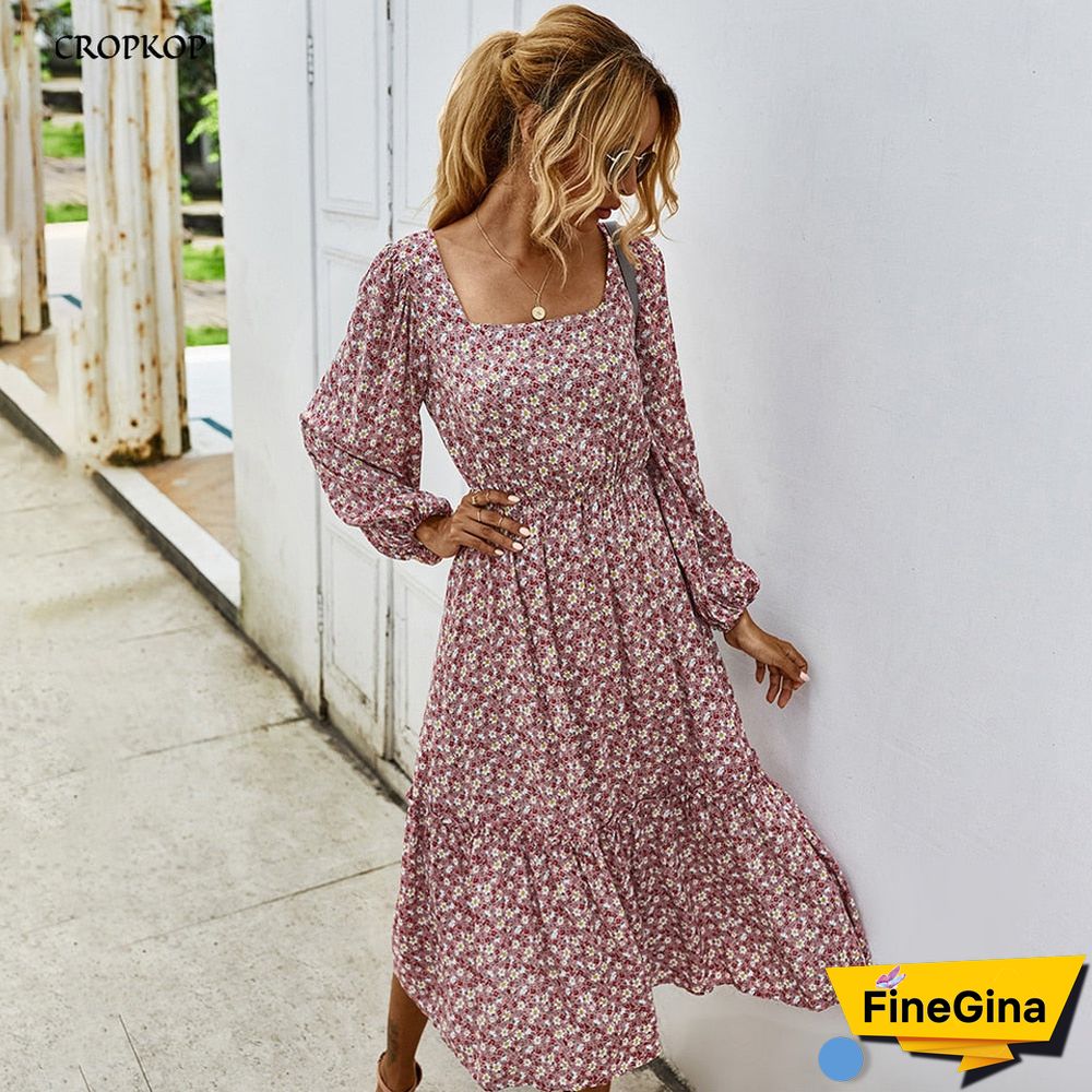 Women Long Dress Autumn Winter Long Sleeve Elegant Ladies Flower Square Collar Dresses Party Black Clothes For Woman