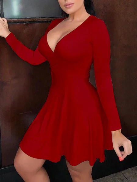 Uveng Uveng Picture Solid Color V-Neck Long-Sleeved Mid-Sleeve Mid-Rise Dress