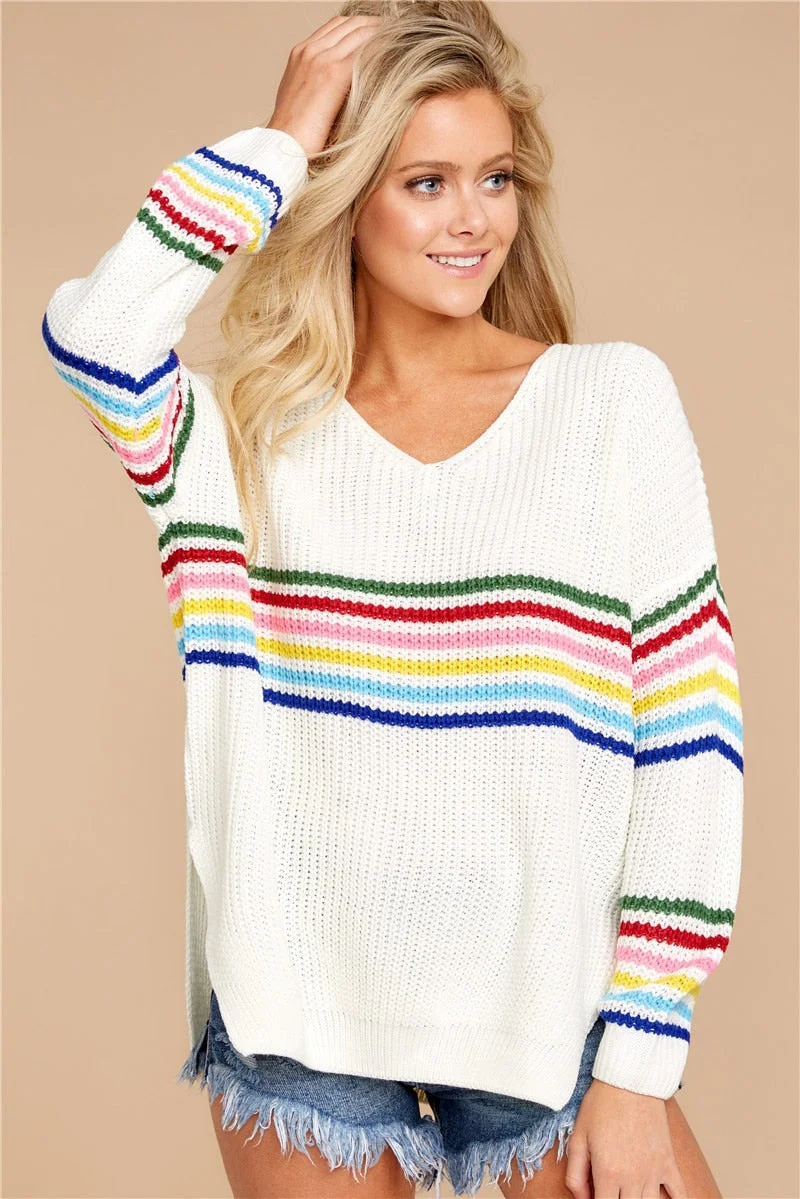 Fitshinling Winter Fashion Women's Sweaters 2020 Rainbow Striped Slim Pullovers Korean Style Knitted Jumper V Neck Pull Femme