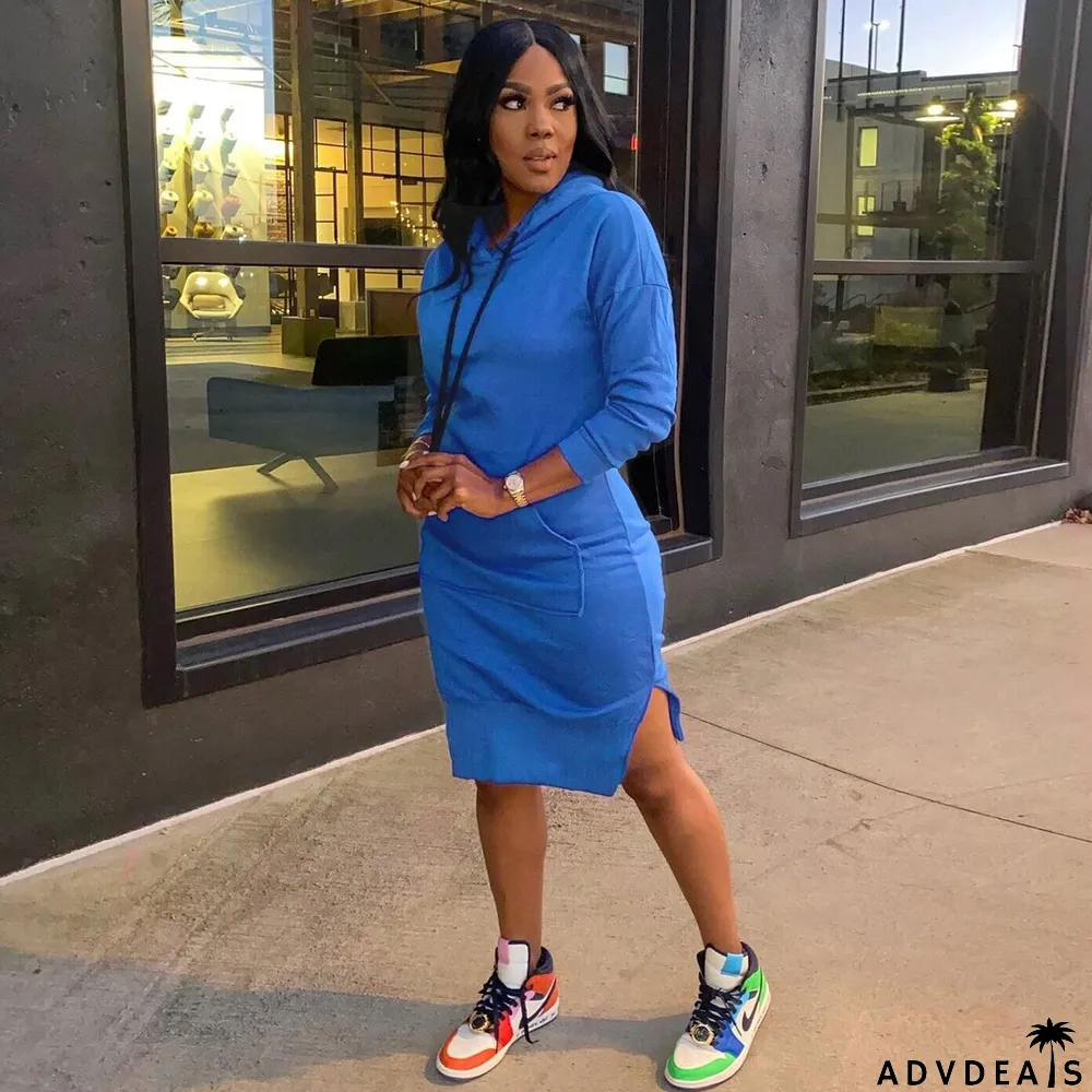 Womens Sexy Casual Solid Long Sleeve With Hood Slit Dress