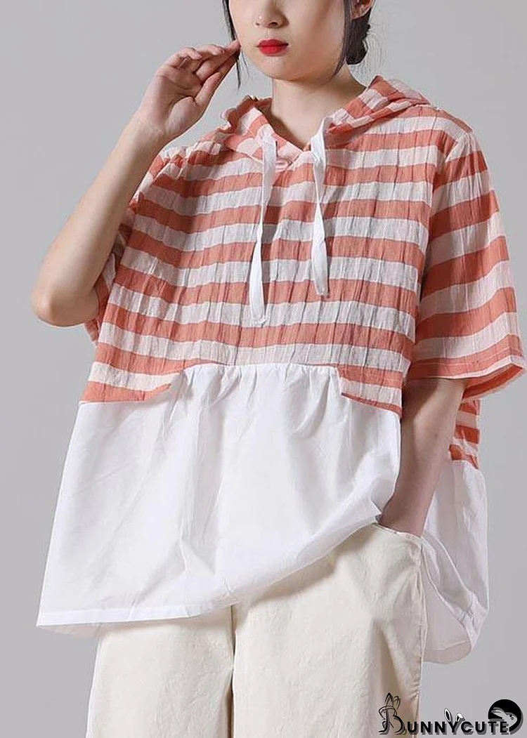 Handmade Yellow Striped hooded Cotton Linen Summer Shirts