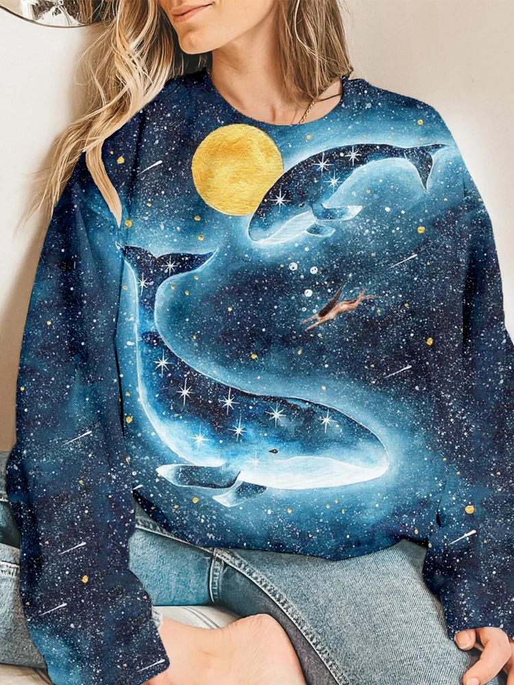 Whale In The Night Sky Art Painting Comfy Sweatshirt