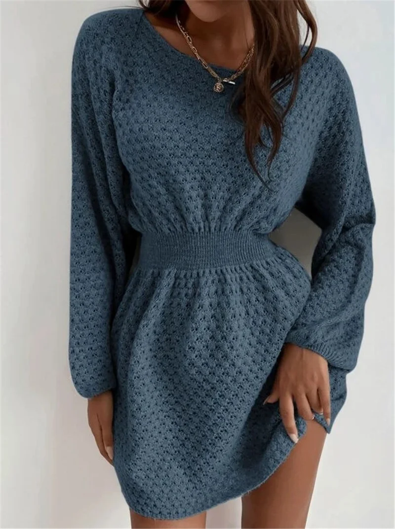 Athvotar Athvotar Loose Round Collar Design Feel Waist Sweater Knitted Dress