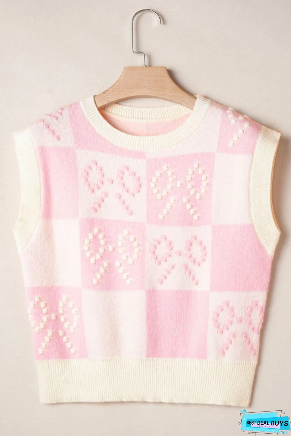Bow Checkered Round Neck Sweater Vest