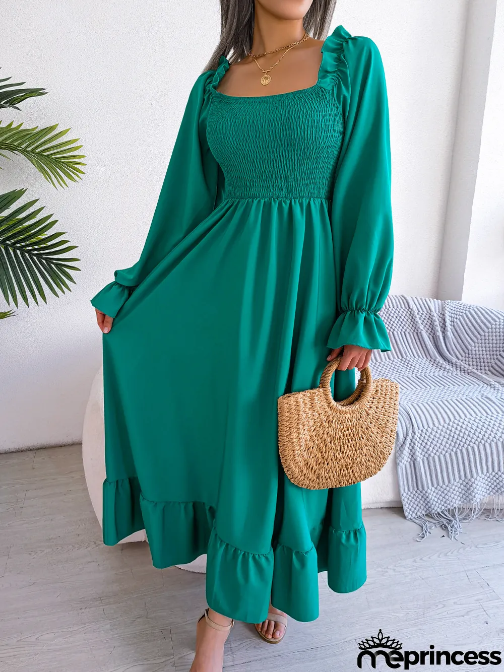 Women Casual Square Neck Bell Bottom Ruffle Maxi Dress