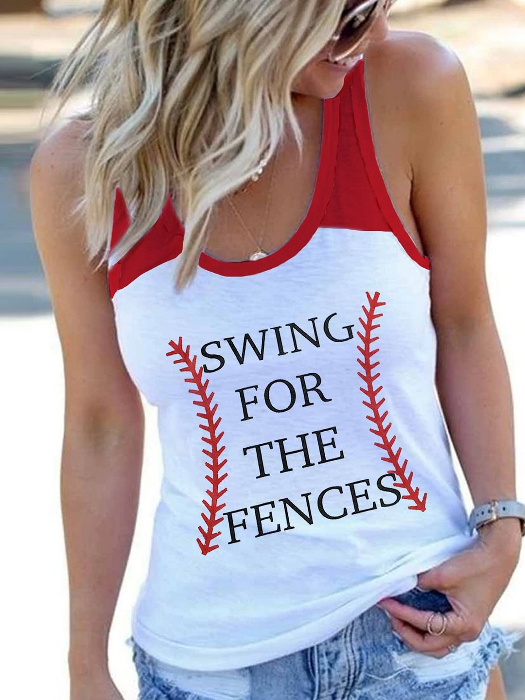 SWING FOR THE FENCES Baseball Print Sleeveless Tank Top