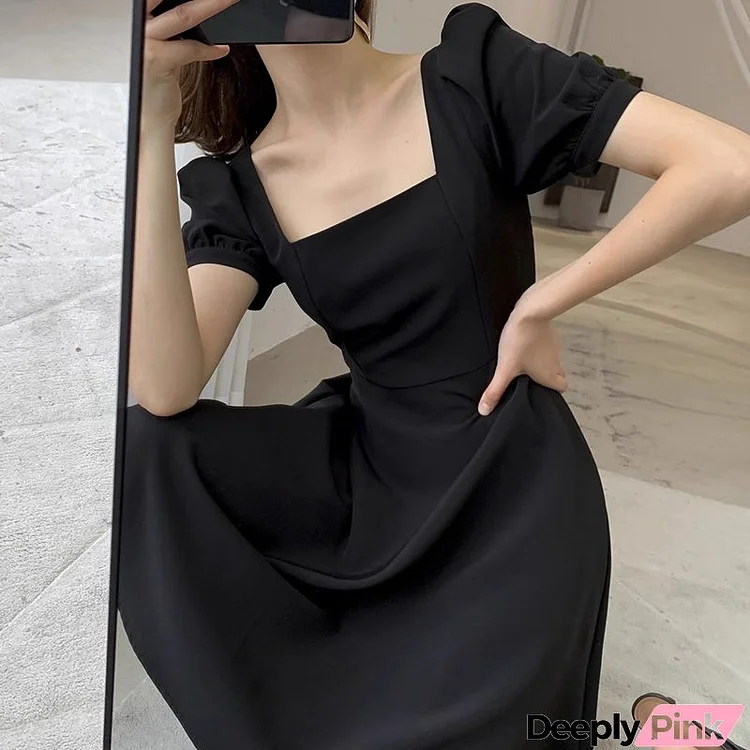 Fashion Elegant Vintage Women Tight Waist Square Collar Solid Midi Dress