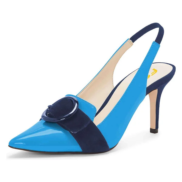Blue and Black Stiletto Heels Dress Shoes Pointy Toe Slingback Pumps |FSJ Shoes