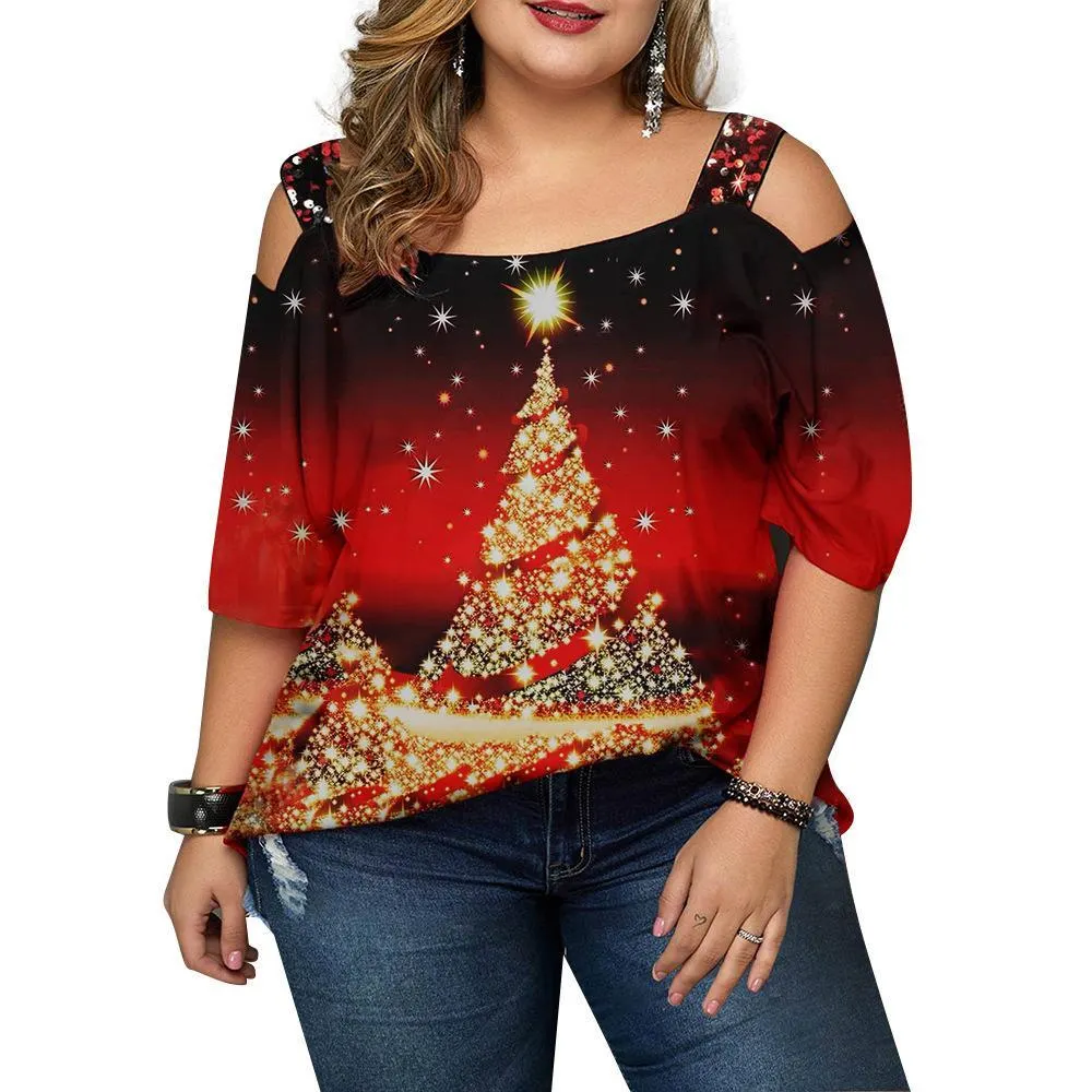  thdmladies Christmas Tree Print Off-the-shoulder Plus Size Top thedmladies