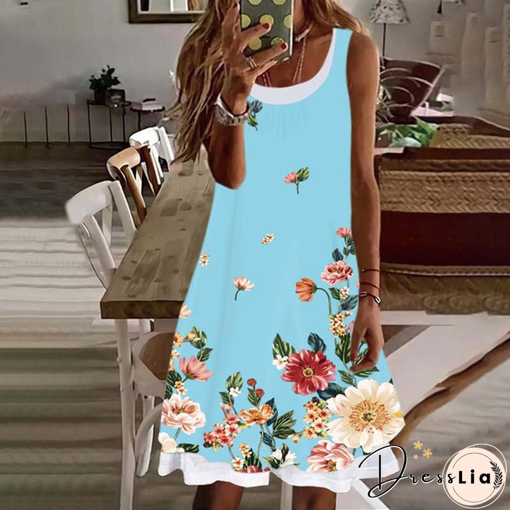 Women's Dress Summer New Fashion Women's Flowers Fake Two Pieces Printed Sleeveless Casual Soft and Comfortable Plus Size Dress S-5XL