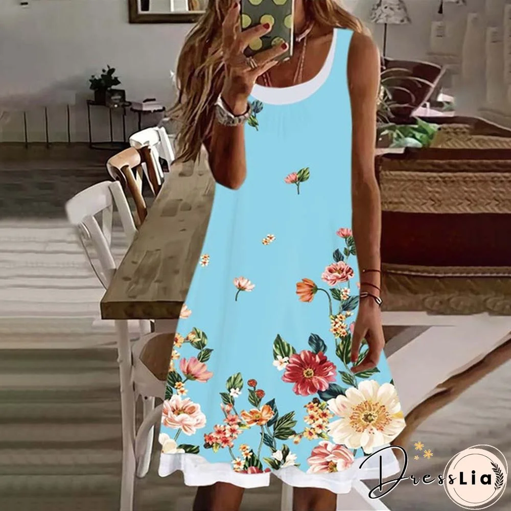 Women's Dress Summer New Fashion Women's Flowers Fake Two Pieces Printed Sleeveless Casual Soft and Comfortable Plus Size Dress S-5XL
