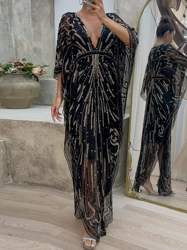 Shiny Long Sleeves Loose V-Neck Maxi Dresses