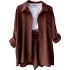 Women's Wrinkled Fabric Casual Long Sleeve Shirt High Waist Drawstring Shorts Two-piece Set