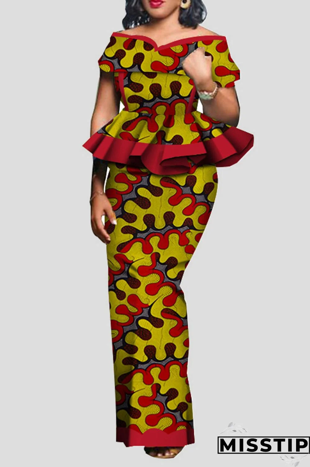 Red Orange Vintage Elegant Print Patchwork Flounce V Neck Short Sleeve Two Pieces