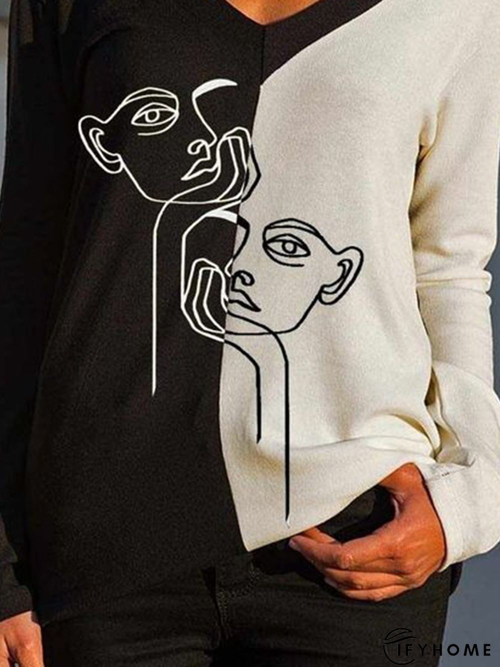 Black-white Art Printed Color Block V Neck Shift Casual Long Sleeve Tunic Top | IFYHOME