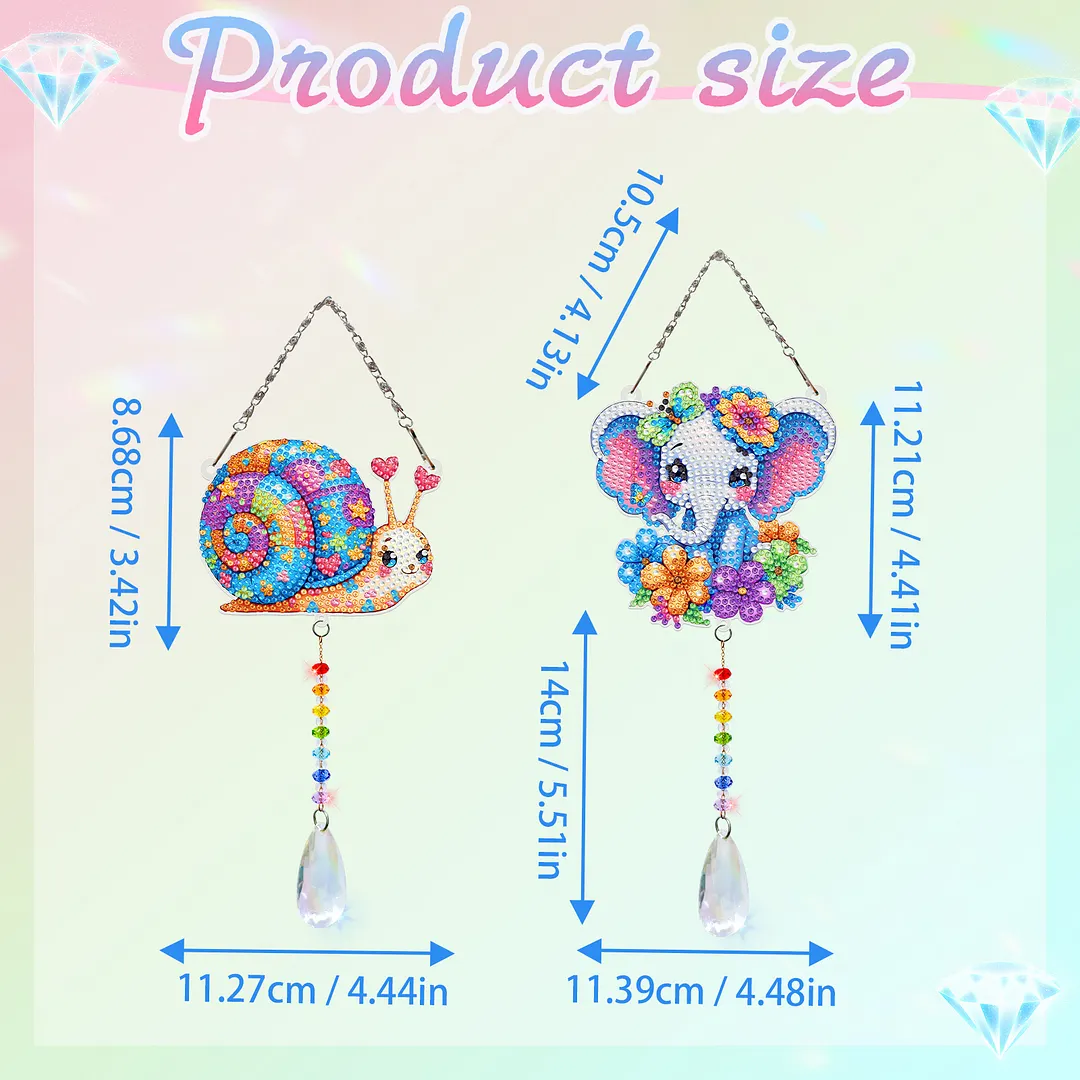 2Pcs Snails and Elephants DIY Double-Sided Diamond Painting Hanging Kits Diamond Painting Suncatcher Craft Kit for Home Garden Wall Decor Gift