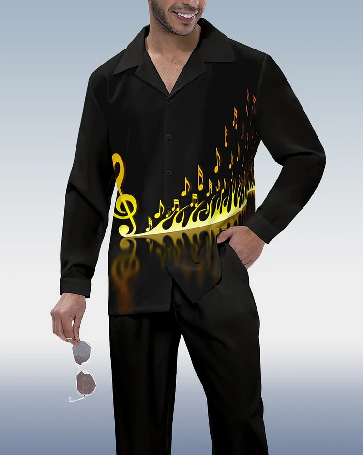 Suitmens Men's Vintage Music Print Long Sleeve Shirt Walking Set 307