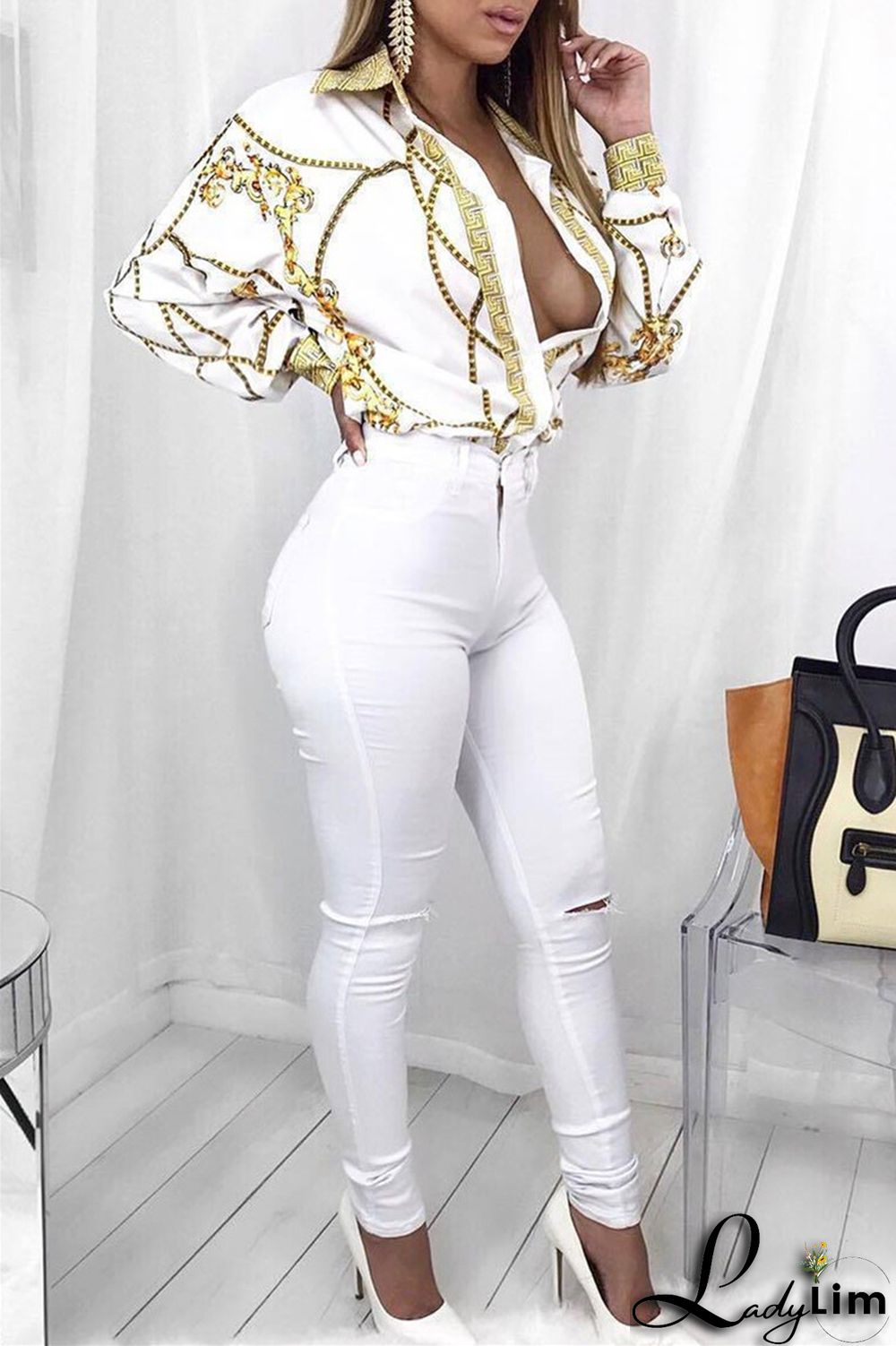 Black Fashion Casual Print Basic Turndown Collar Tops