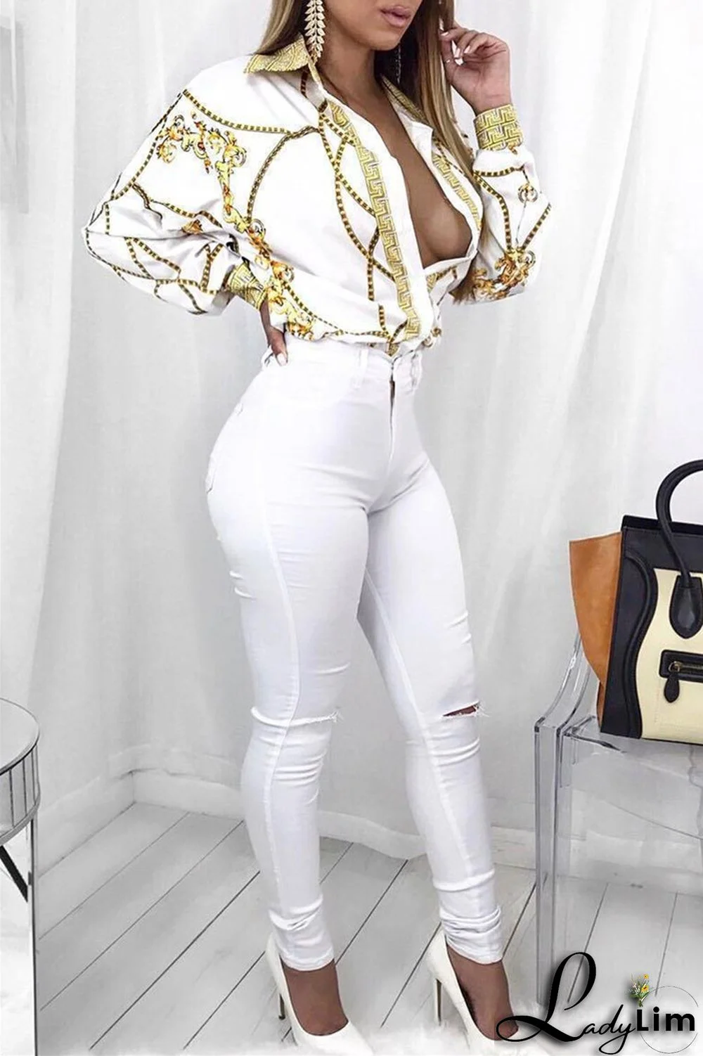 Black Fashion Casual Print Basic Turndown Collar Tops