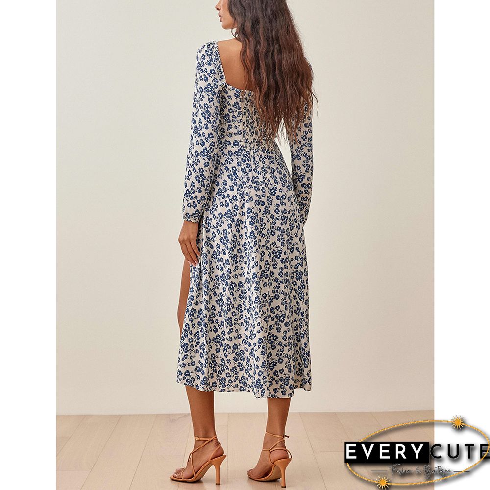 Light Blue Square Neck Digital Print Slit Floral Dress