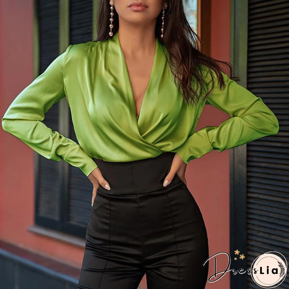 Women Long Sleeve Wrap Blouse Satin Silk V Neck Casual Elegant Shirt Plus Size Tops