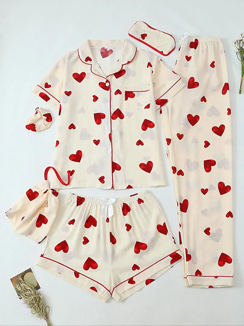 Women's All Over Print Top & Shorts & Pants & Accessories Pyjama Set, Casual Comfy Pj Set, Ladies Sleepwear for All Seasons Women's All Over Print Top & Shorts & Pants & Accessories Pyjama Set, Casual Comfy Pj Set, Ladies Sleepwear for All Seasons